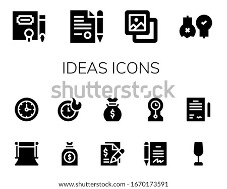 ideas icon set. 14 filled ideas icons.  Simple modern icons such as: Contract, Background, Ideas, Clocks, Money bag, Wine glass