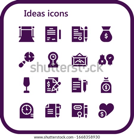 ideas icon set. 16 filled ideas icons.  Simple modern icons such as: Background, Contract, Money bag, Clocks, Frame, Ideas, Wine glass, Charity
