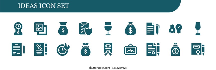 ideas icon set. 18 filled ideas icons.  Simple modern icons about  - Clocks, Background, Money bag, Contract, Wine glass, Ideas, Frame