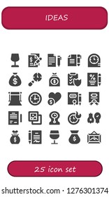  ideas icon set. 25 filled ideas icons. Simple modern icons about  - Wine glass, Contract, Clocks, Money bag, Background, Charity, Ideas, Frame