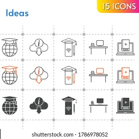 ideas icon set. included smartphone, desktop, school, learn, information icons on white background. linear, bicolor, filled styles.