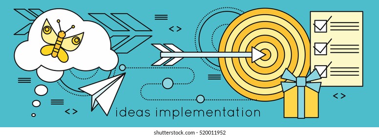 Ideas implementation background in flat. Idea generation, problem solving, strategy solution, analysis innovation, research, brainstorm, good solution, optimization, insight, inspiration illustration