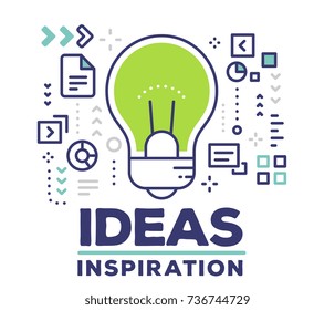Ideas inspiration concept on white background with title. Vector illustration of big green light bulb with icons. Thin line art design for web, site, banner, poster, business presentation