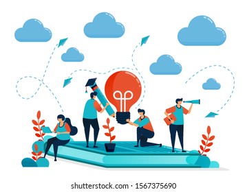 Ideas and inspiration in learning and education. People sitting on books. Modern online learning. Lamp bulb and pencil. Education business. 
