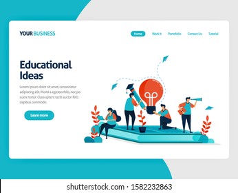 Ideas and inspiration in learning and education. People sitting on books. Modern online learning. Lamp bulb and pencil. Education business. Illustration for business card, banner, brochure, flyer
