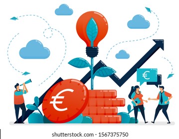 Ideas for investment. Bank interest and savings growth. Light bulb metaphor in euro coin plant. Mutual funds for banking investment. Vector illustration 