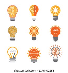 Ideas lamp logo. Electronics light energy bulb bright orange yellow electrician business creative symbols vector logotypes template. Illustration of lamp idea, energy light bulb symbol Ideas lamp logo. Electronics light energy bulb bright orange yellow electrician business creative symbols vector logotypes template. Illustration of lamp idea, energy light bulb symbol