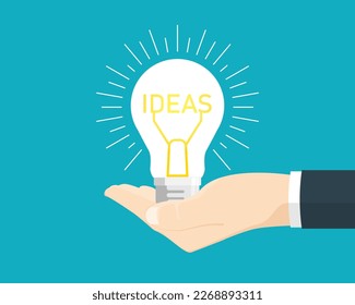 Ideas bombilla de luz con mano humana de negocios sobre fondo aislado, ilustración de marketing digital.
