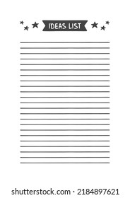 Lista de ideas. Plantilla de vectores para Agenda, Diario, Planner Diario y otras publicaciones. Organizador para estudio, escuela o trabajo.