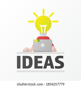 Ideas Man logo. Bulb character work with laptop. Technology concept. Business Man. Abstract art symbol. Lightbulb badge. 
