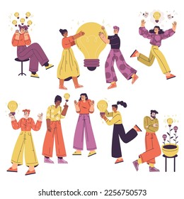 Ideas with Man and Woman with Yellow Light Bulb Finding Solution Vector Set