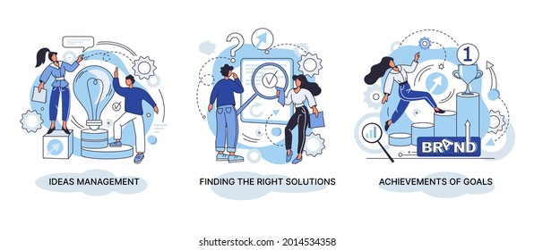 Gestión de ideas. Una solución rápida como un problema exitoso y efectivo, supera a la pequeña persona. Encontrar las metáforas de soluciones correctas. Estrategia comercial para el objetivo. Logros de los objetivos. Metáfora creativa
