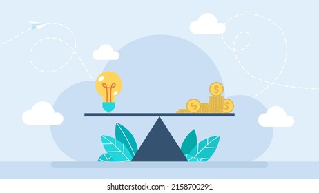 Ideas and money on the scale. Decent pay for creative work. Lightbulb ideas and money balance on the scale. Value of idea. Business concept. Flat style. Vector illustration. 