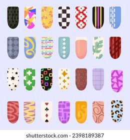 Ideas of nails design art. Bright colorful manicure set. Colorful glossy decorative polish collection with texture and print for finger nail.