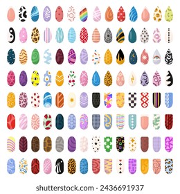 Ideas of nails design art. Bright colorful manicure set. Colorful glossy decorative polish collection with texture and print for finger nail.