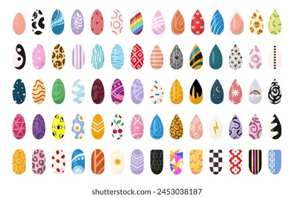 Ideas de uñas arte de diseño. Conjunto de manicura de colores brillantes. Colección de pulido decorativa brillante colorida con textura e impresión para uñas de dedo.