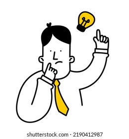 ideas over his head, man with light bulb over his head. Smart people come up with new ideas, solution, problem solved, innovation, creativity. Outline, linear, thin line, doodle art. Simple style