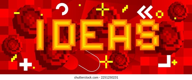 Ideas. Pixelated word with geometric graphic background. Vector cartoon illustration.