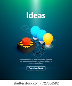 Ideas poster of isometric color design, innovative business concept vector illustration for web banners and printed materials, vertical portrait orientation
