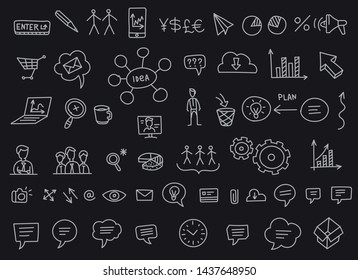 Ideas and processes. School of Business icons sketch set outline line drawing by hand. Hand drawn collection vector. On a black background.