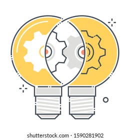 Ideas related color line vector icon, illustration. The icon is about optimization, gear, relationship, share, lamp, creativity, collective. The composition is infinitely scalable.