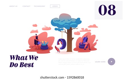 Ideas for Reuse Old Car Tyres Website Landing Page. Male and Female Characters Using Tires for Making Garden Flower Bed, Swing and Chair for Relaxing Web Page Banner. Cartoon Flat Vector Illustration