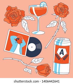 Ideas for a romantic date-night at home with beer, cocktails, cut roses, and r&b music record. Suitable for dating app, blog, valentines day, fashion, millennial, lifestyle, arts and culture, music