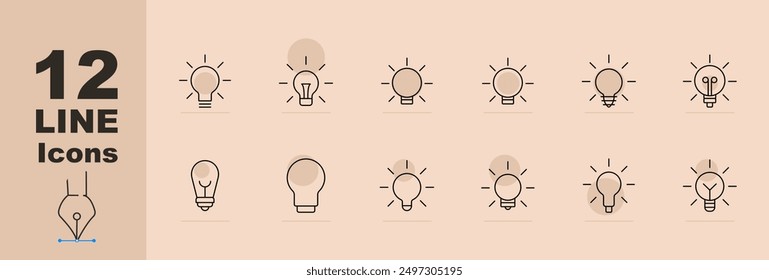 Ideas set icon. Lightbulb variations, glowing bulbs, simple bulb, idea spark, innovation, energy-efficient, creativity