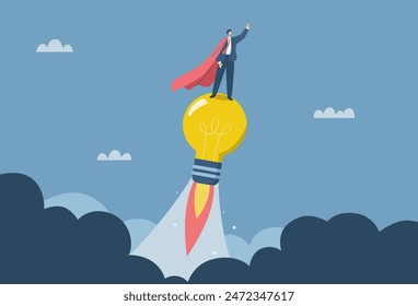 Ideas soar towards goals, Discovering new things that make a business successful, Creative ideas promote business to reach its goals, Businessman stands on a soaring light bulb. Vector illustration.