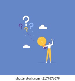 Ideas And Solutions. Free From Problems And Questions. Problem Solving. Creativity, Inspiration, Smart Employees. A Businessman Gets Answers Or Solutions To Get Freedom. Illustration Concept Design