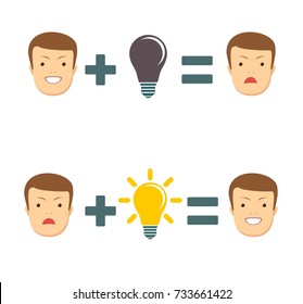 Ideas and solutions makes you smile or sad. Business concept no ideas lamps. Stock vector illustration for poster, greeting card, website, ad, business presentation, advertisement design.