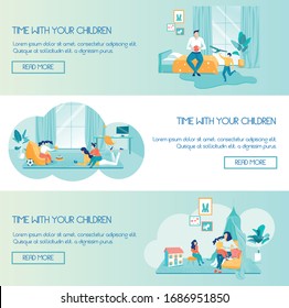 Ideas para pasar el tiempo con el juego de banner de encabezado para niños. Feliz padre e hijo jugando con avión y bola de juguete, madre con dos hijas disfrutando de juegos educativos. Diseño interior doméstico. Ilustración vectorial
