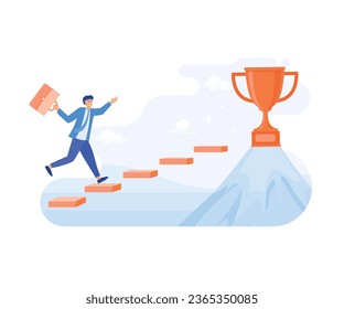  ideas start up business to success. Businessman jumping on the graph to goal.Trophies on mountain. flat vector modern illustration