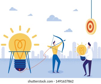 Ideas Startup and Focus on Target Business Motivator. Cartoon Businessman Aims with Bow at Dartboard. Arrow Connected with Light Bulb. Coworker Offers New Metaphor Idea Lamp. Flat Vector illustration