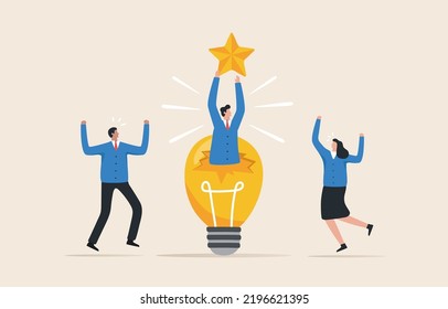 Ideas for team success. innovation solutions Community or invention helps a company achieve its goals. 
Star Award of Achievement. Employees share light bulb ideas.