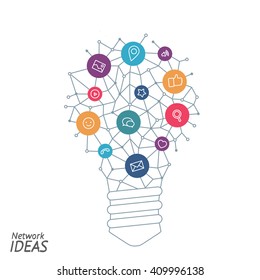 Ideas for techology. Tools and services for network. Light bulb with icons in flat style for tools, programs, slides. Vector illustration concept of UX thought and enlightenment.