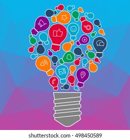 Ideas for techology. Tools and services for network. Light bulb with icons in flat style for tools, programs, slides. Vector illustration concept of UX thought and enlightenment.