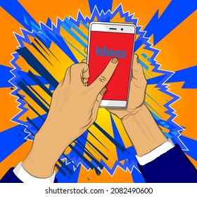 Ideas text on Smartphone screen. Cartoon vector illustrated mobile phone. Idea, success, growth, creativity concept.