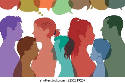 Ideas y pensamientos. Diálogo en grupo de personas multiétnicas diversas. Socializando. Ilustración vectorial plana