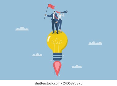 Ideas towards goals, innovation or creative new thinking encourages business to reach goals, male businessman holds winner flag riding light bulb idea flying into the sky. Vector design illustration.