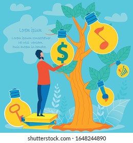 Árbol de ideas con bombillas. Hombre de pie en el libro Stack Choose Lamp with Money. Bombilla con llave en el suelo. Pensamiento creativo. Objetivo de Crecimiento Financiero Lograr con Ayuda de Conocimiento. Ilustración plana vectorial