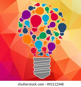 Ideas for UX designer. Tools and services for network designers. Light bulb with icons in flat style for UX tool, program, slide. Vector illustration enlightenment of UX thought and UX enlightenment.