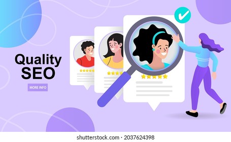 Ideas vision success. woman are working on search engine optimization as a team. Website, web page, landing page template. female characters are working on mobile SEO. Flat cartoon vector illustration