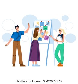 ideas whiteboard meeting vector. creativity teamwork, discussion agenda, notes presentation ideas whiteboard meeting character. people flat cartoon illustration