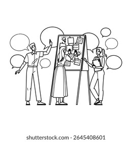 ideas whiteboard meeting vector. creativity teamwork, discussion agenda, notes presentation ideas whiteboard meeting character. people black line pencil drawing illustration