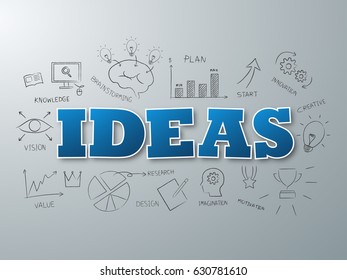Ideas word on light blue background. Vector illustration.