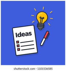 Ideas Written On A Notepad With a Pen and a Bulb
