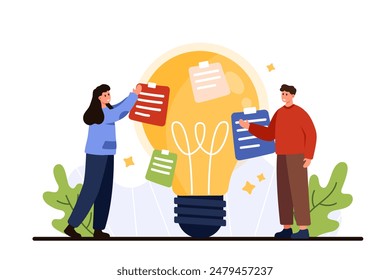 Ideation, brainstorm meeting and workshop. Tiny people share opinion and innovation smart solution with sticky notes and light bulb, colleagues think on genius idea cartoon vector illustration