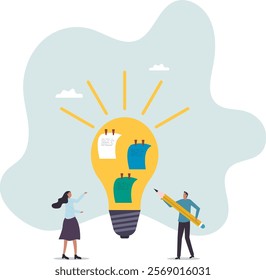 Ideation, brainstorming to gather new idea, effective meeting discussion, team members discover solution, scrum .business concept.flat character.