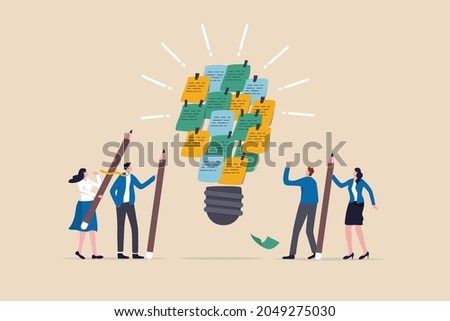 Ideation, brainstorming to gather new idea, effective meeting discussion, team collaboration discover solution, scrum, business people brainstorm with sticky notes combined to bright lightbulb idea.